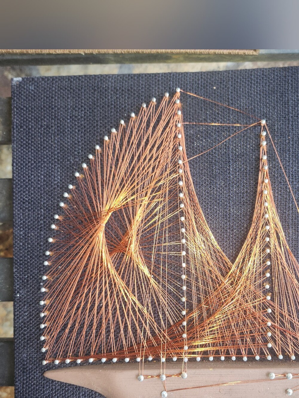Vintage 12" boat ship copper string art black burlap board heavy wall picture